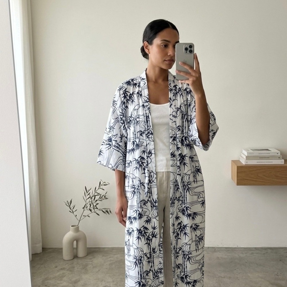 VTG Japanese Yukata Kimono Robe White Navy Bamboo Crane Print Maxi Cotton